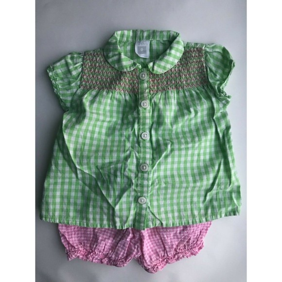 Girl's Size 9M 6-9 Months Two Piece Green Checkered Carter's Top + Pink Bloomers - Picture 2 of 8